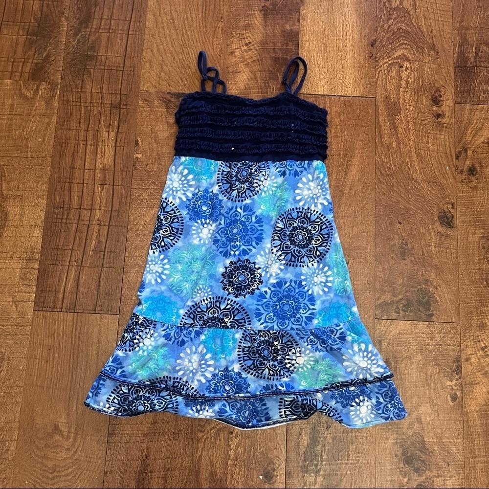 Justice girls sequin ruffle tiered dress Sz 12 blue green white cotton